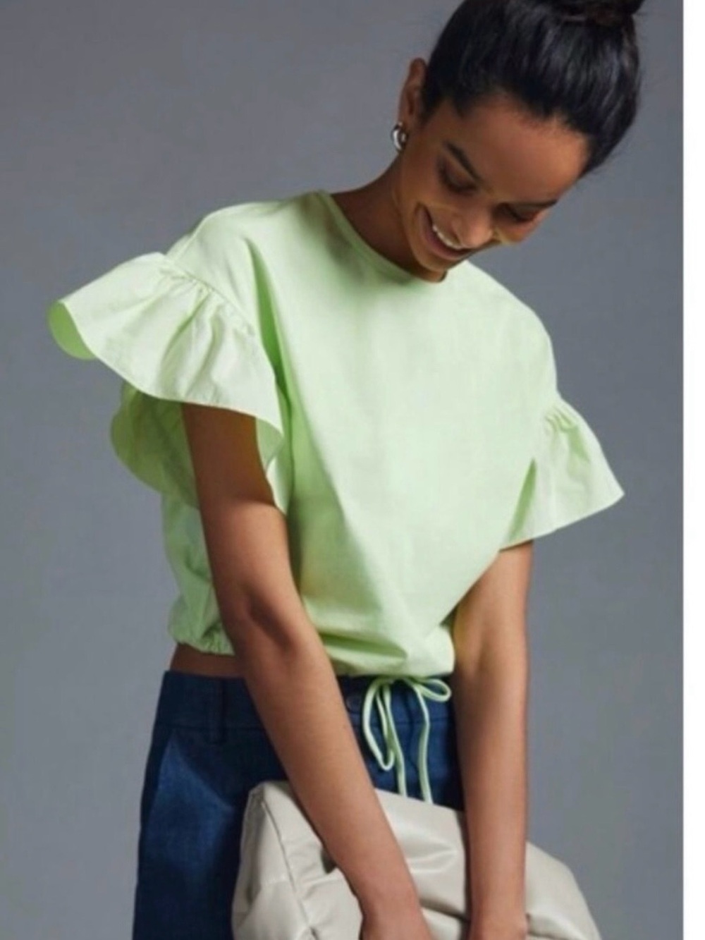 Anthropologie (Maeve) Lime Green Ruffle-Sleeve Top